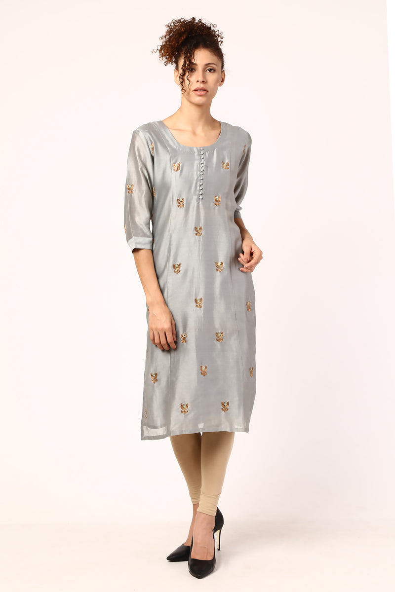 AMODINI GREY SILK EMBROIDERED KURTA – Amodini