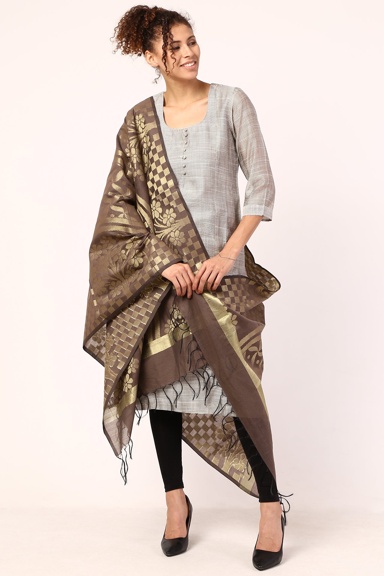 AMODINI BROWN CHECK AND FLORAL BLENDED DUPATTA