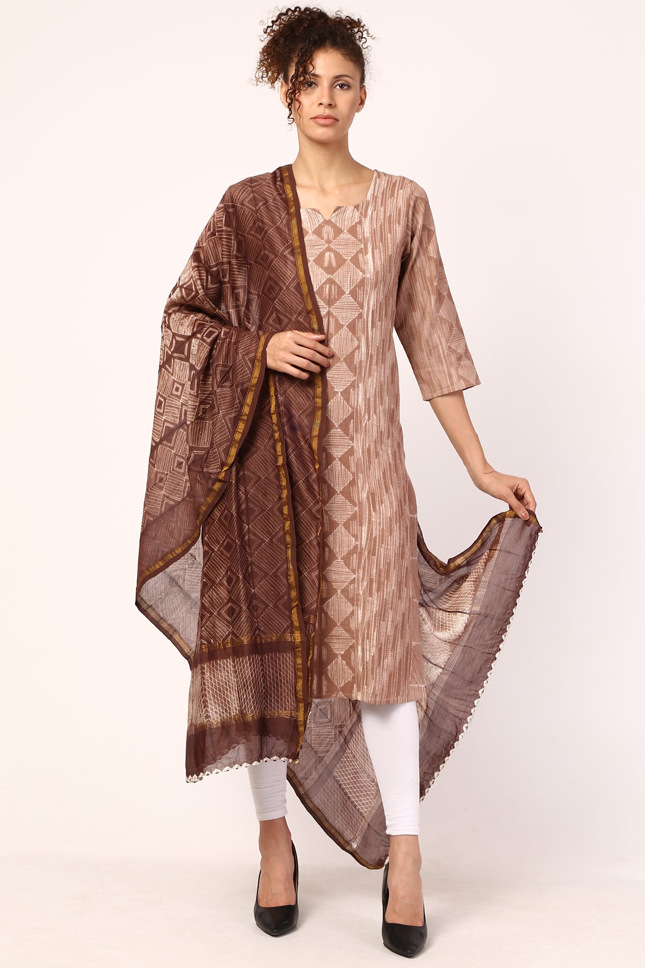 AMODINI BROWN SHIBORI CHANDERI SILK DUPATTA