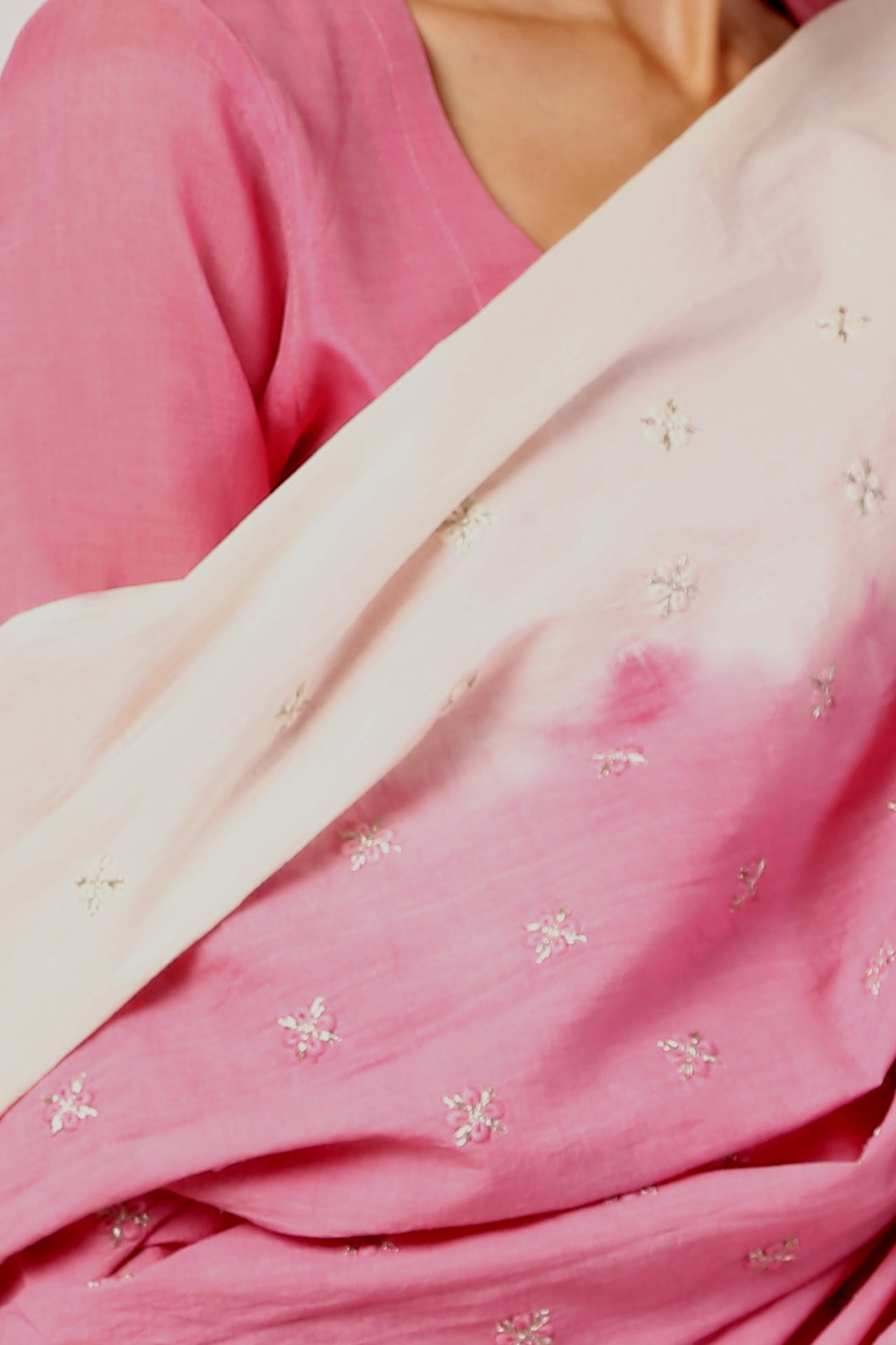AMODINI PINK AND OFF-WHITE EMBROIDERED COTTON DUPATTA
