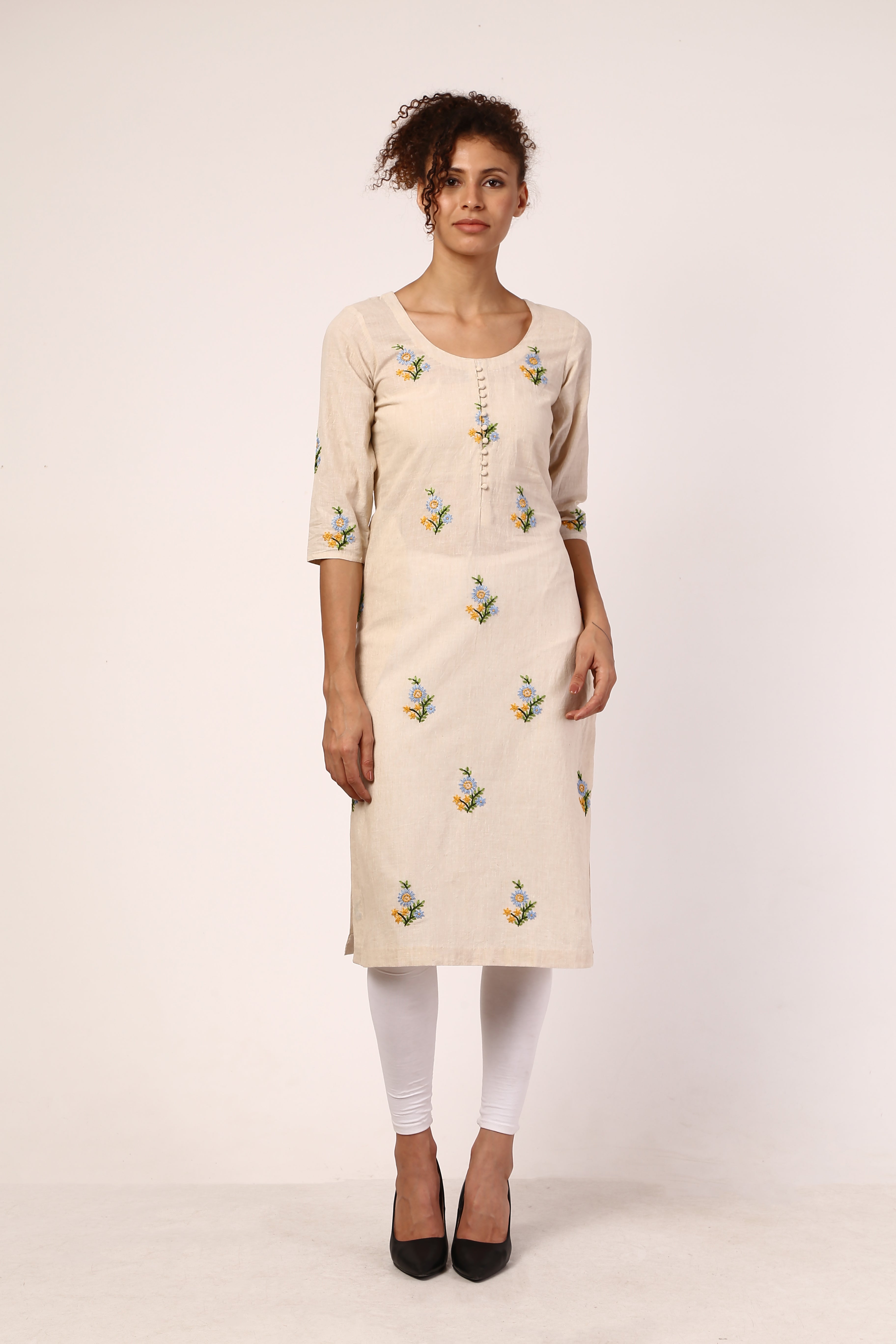 AMODINI OFF -WHITE COTTON WITH BLUE EMBROIDERY ROUND NECK STRAIGHT FIT KURTA