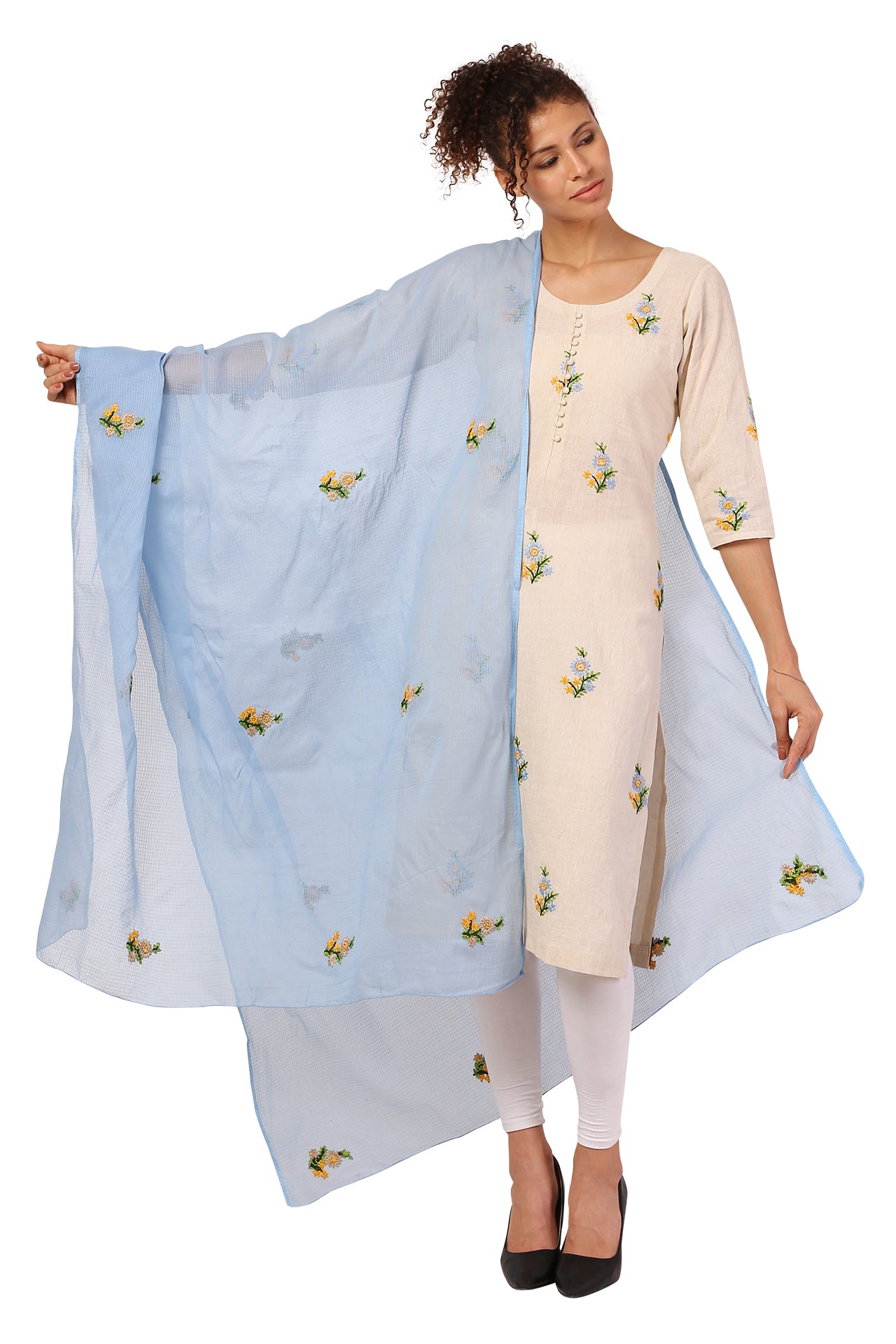 AMODINI OFF -WHITE  COTTON WITH BLUE EMBROIDERY ROUND NECK STRAIGHT FIT KURTA