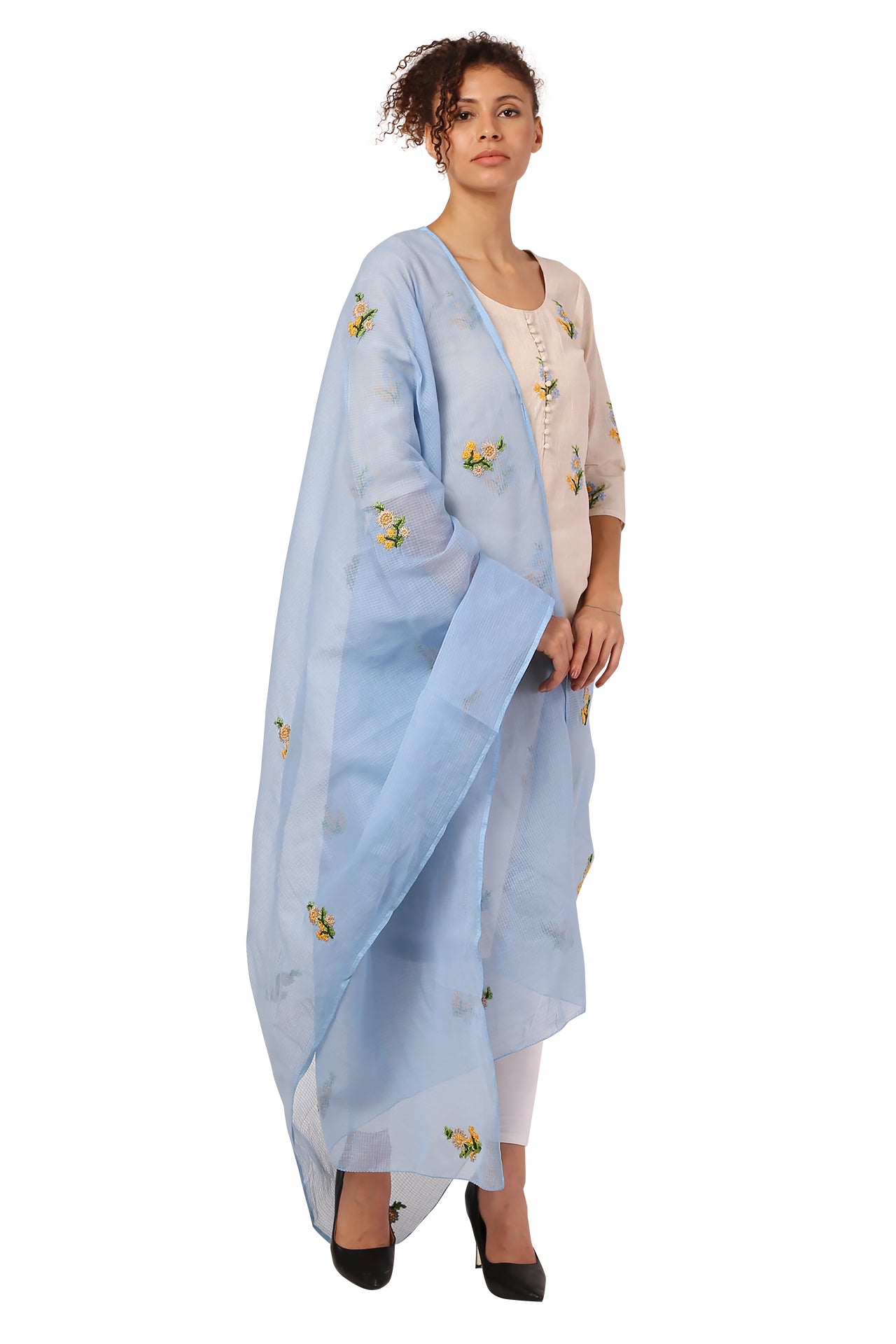 AMODINI OFF -WHITE  COTTON WITH BLUE EMBROIDERY ROUND NECK STRAIGHT FIT KURTA
