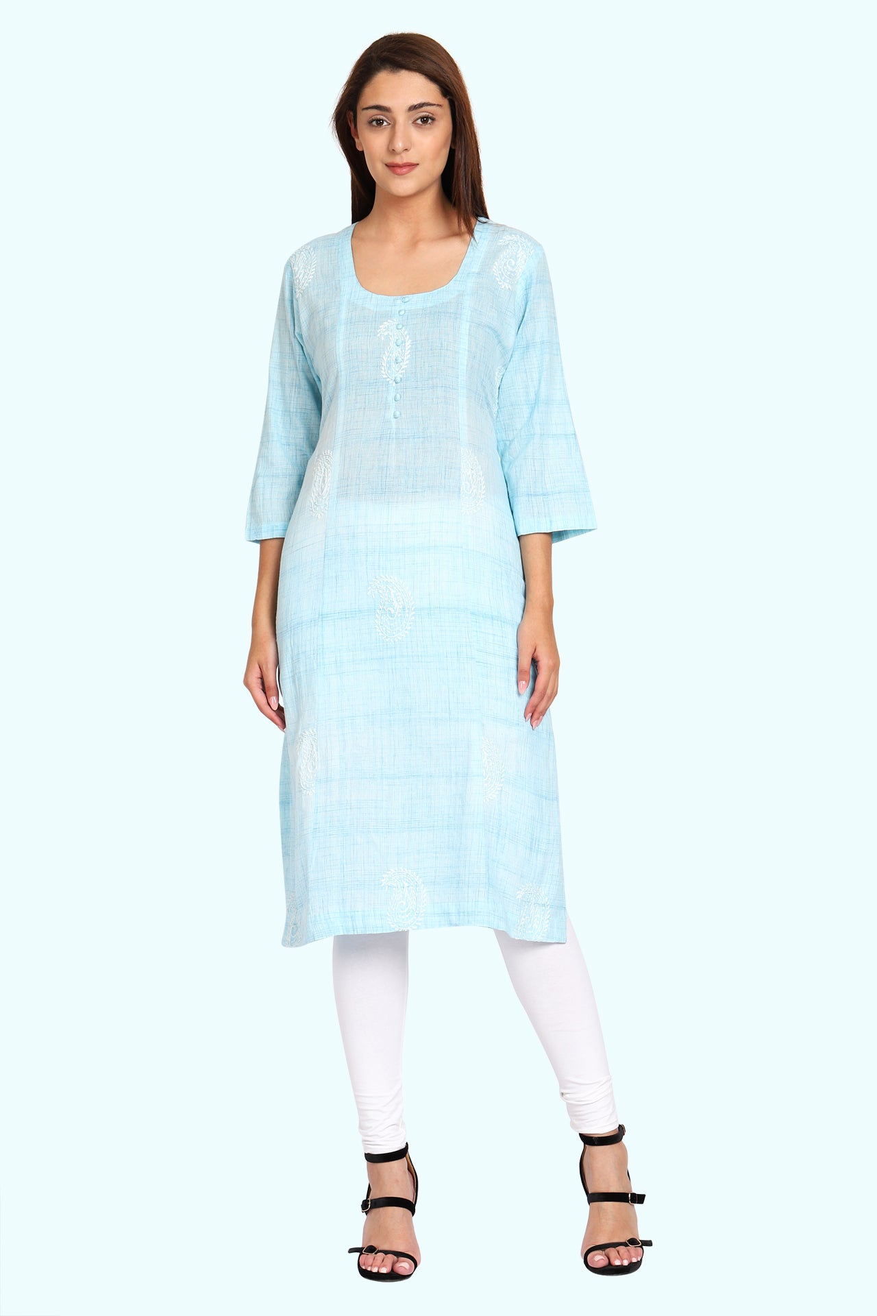 AMODINI LIGHT BLUE HAND EMBROIDERED COTTON KURTA