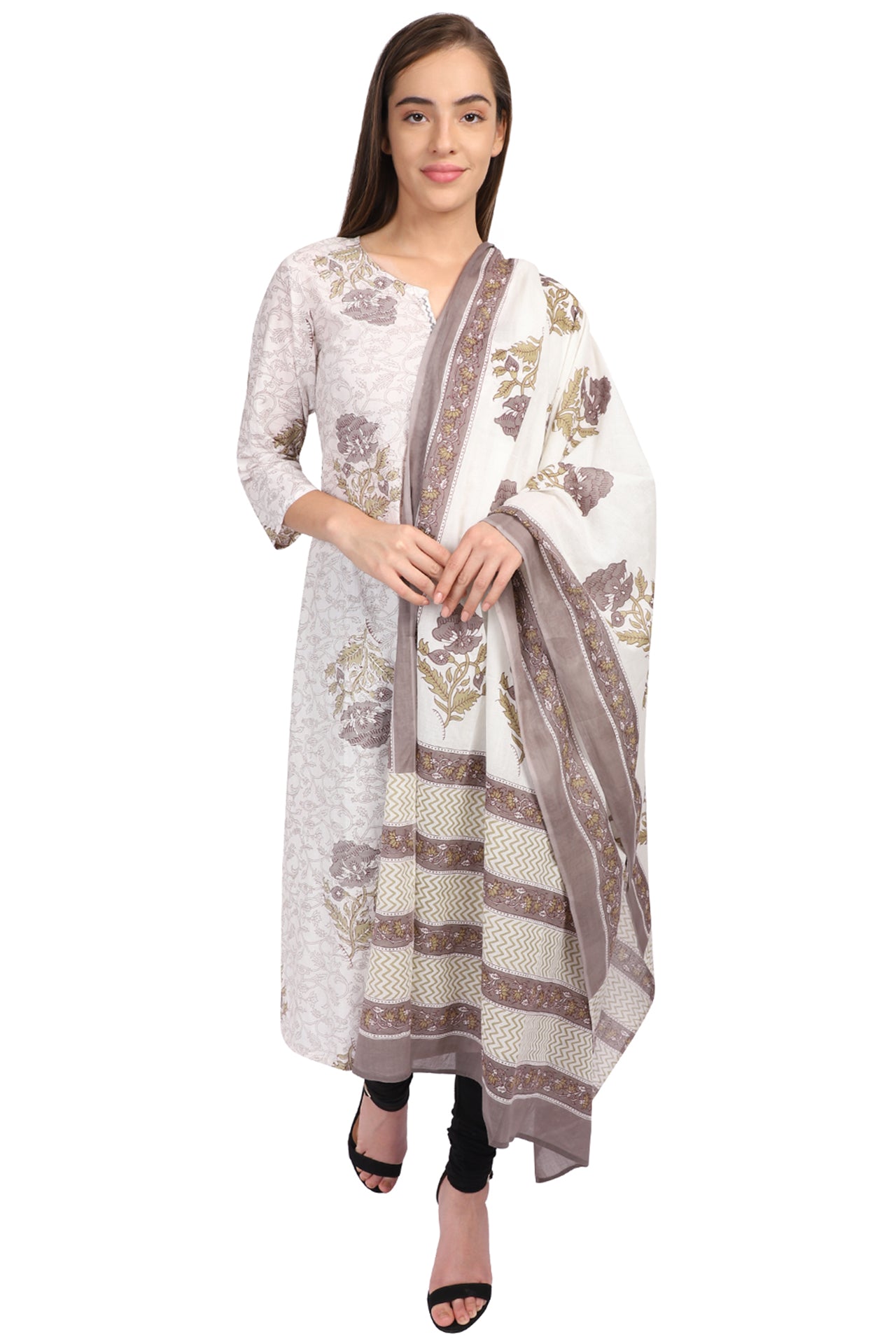 AMODINI WHITE AND GREY ROUND NECK FLORAL COTTON KURTA