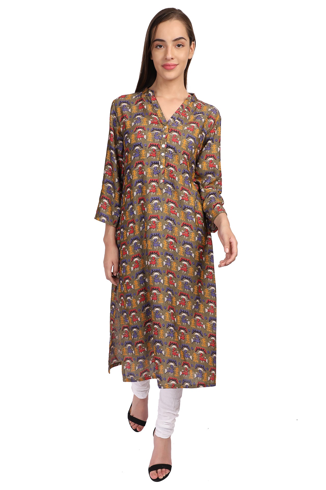 AMODINI RED & GREEN ABSTRACT  PRINT BANDED NECKLINE COTTON TEXTURED KURTA