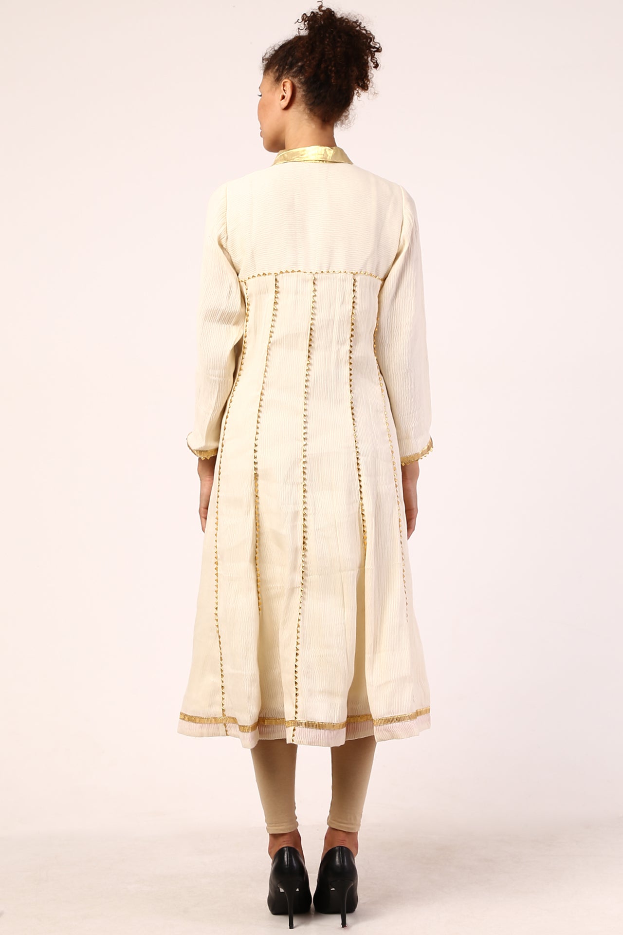 AMODINI OFF-WHITE WITH GOLDEN LACE BLENDED FLARED DRESS