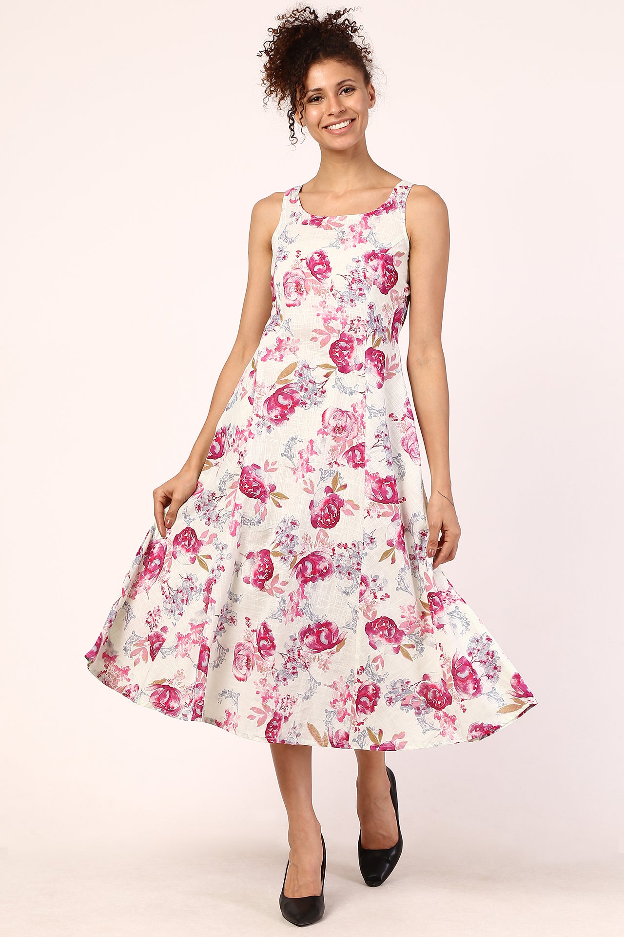 AMODINI OFF-WHITE AND PINK FLORAL COTTON ANKLE LENGTH DRESS
