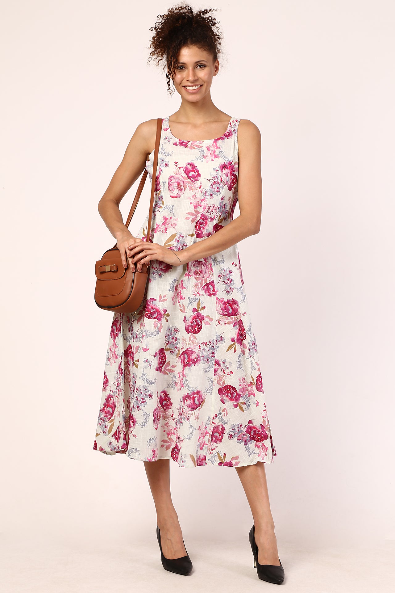 AMODINI OFF-WHITE AND PINK FLORAL COTTON ANKLE LENGTH DRESS