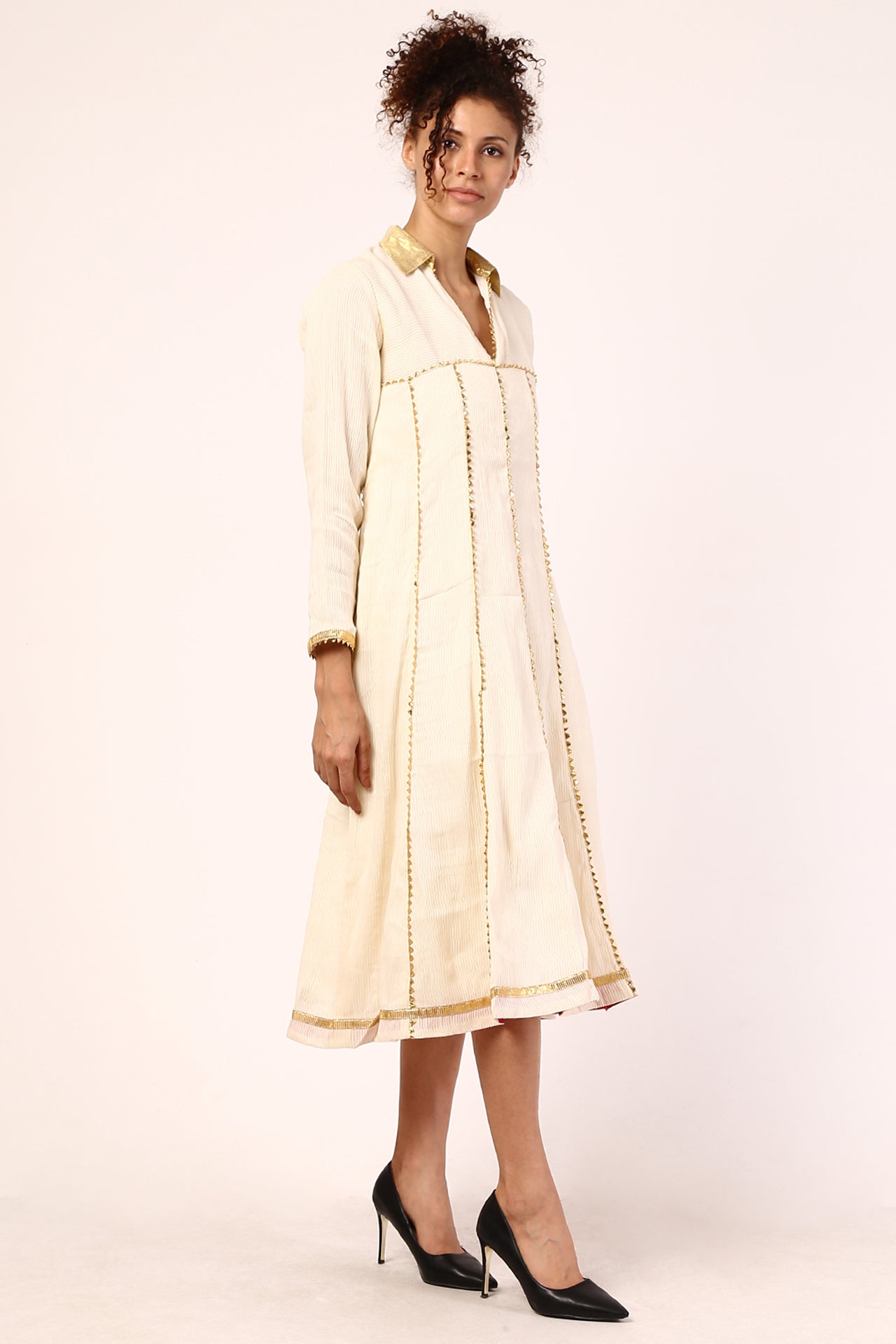 AMODINI OFF-WHITE WITH GOLDEN LACE BLENDED FLARED DRESS