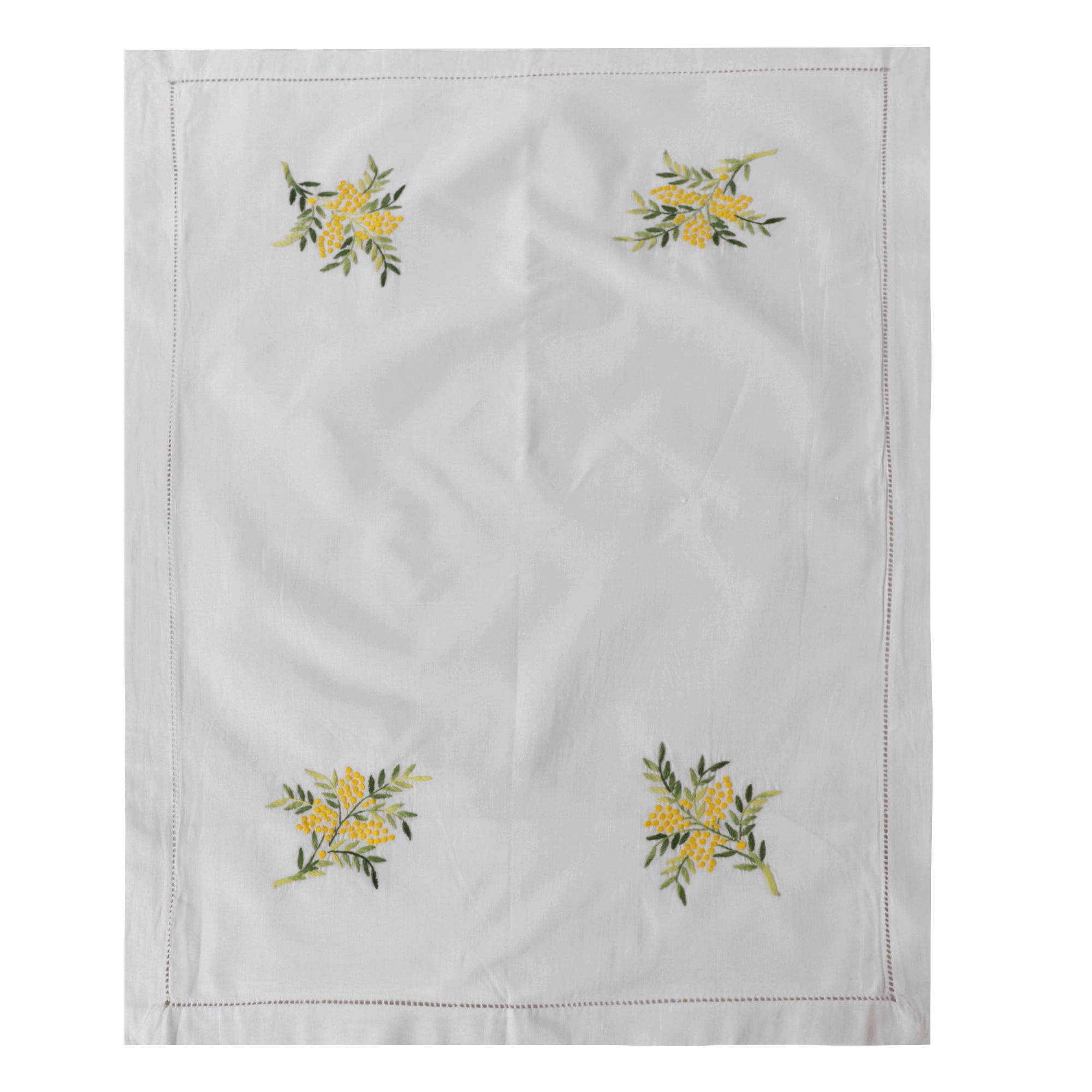 Yellow and Green Hand Embroidered White Bed Cover with Pillow Covers