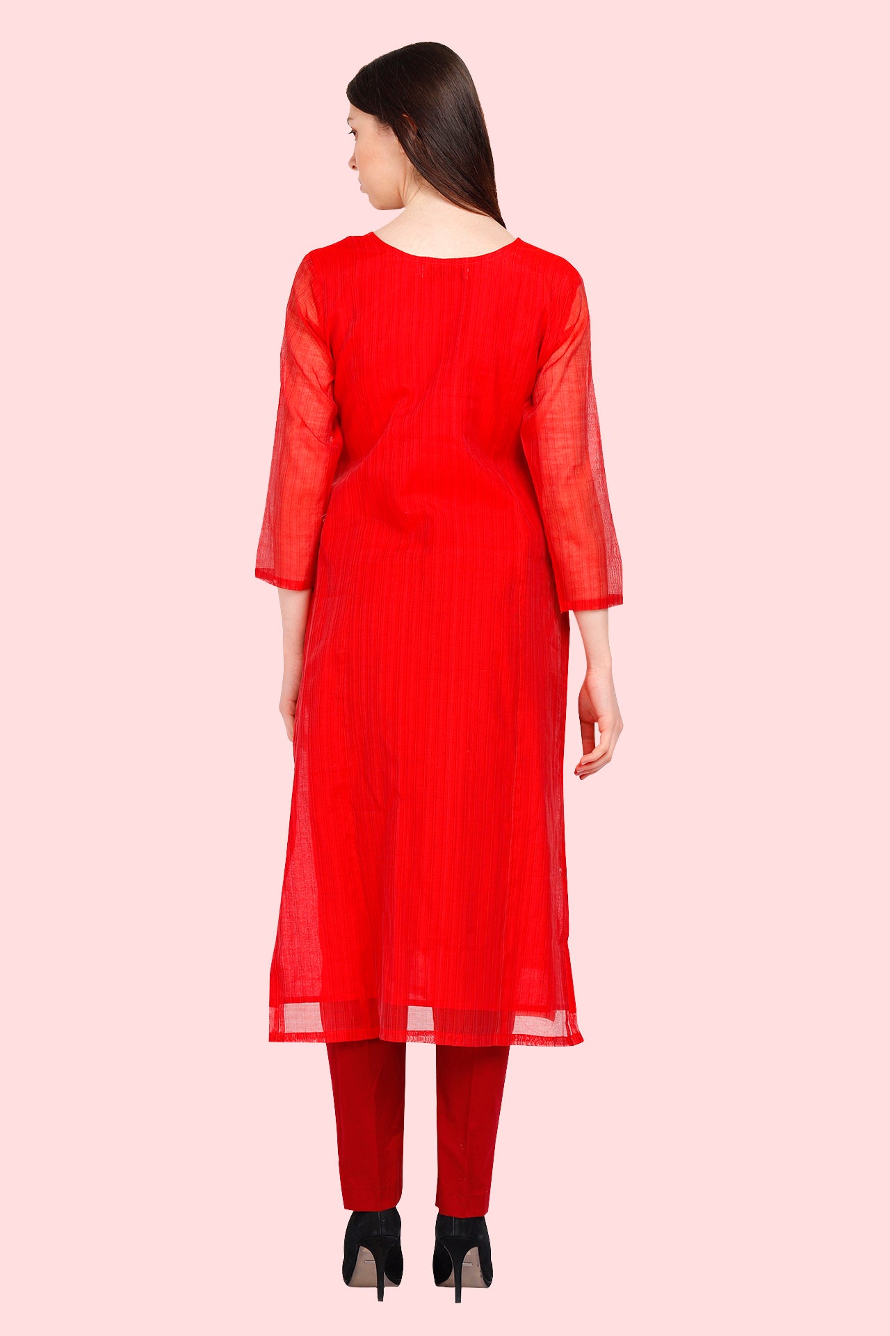 AMODINI RED ROUND NECK CHANDERI SILK STRAIGHT KURTA