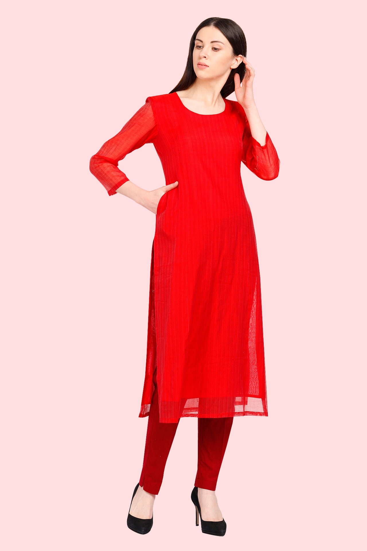 AMODINI RED ROUND NECK CHANDERI SILK STRAIGHT KURTA