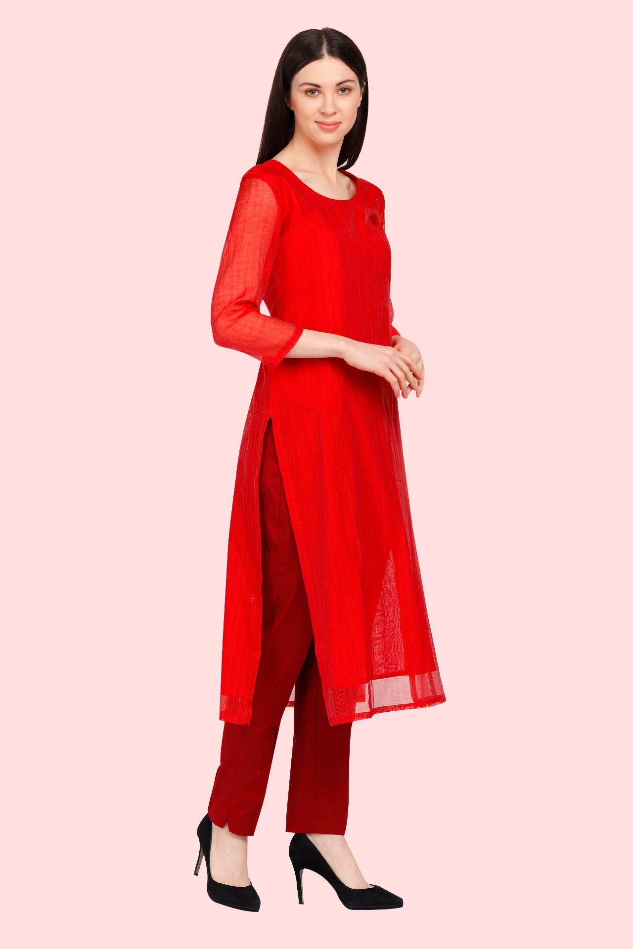 AMODINI RED ROUND NECK CHANDERI SILK STRAIGHT KURTA