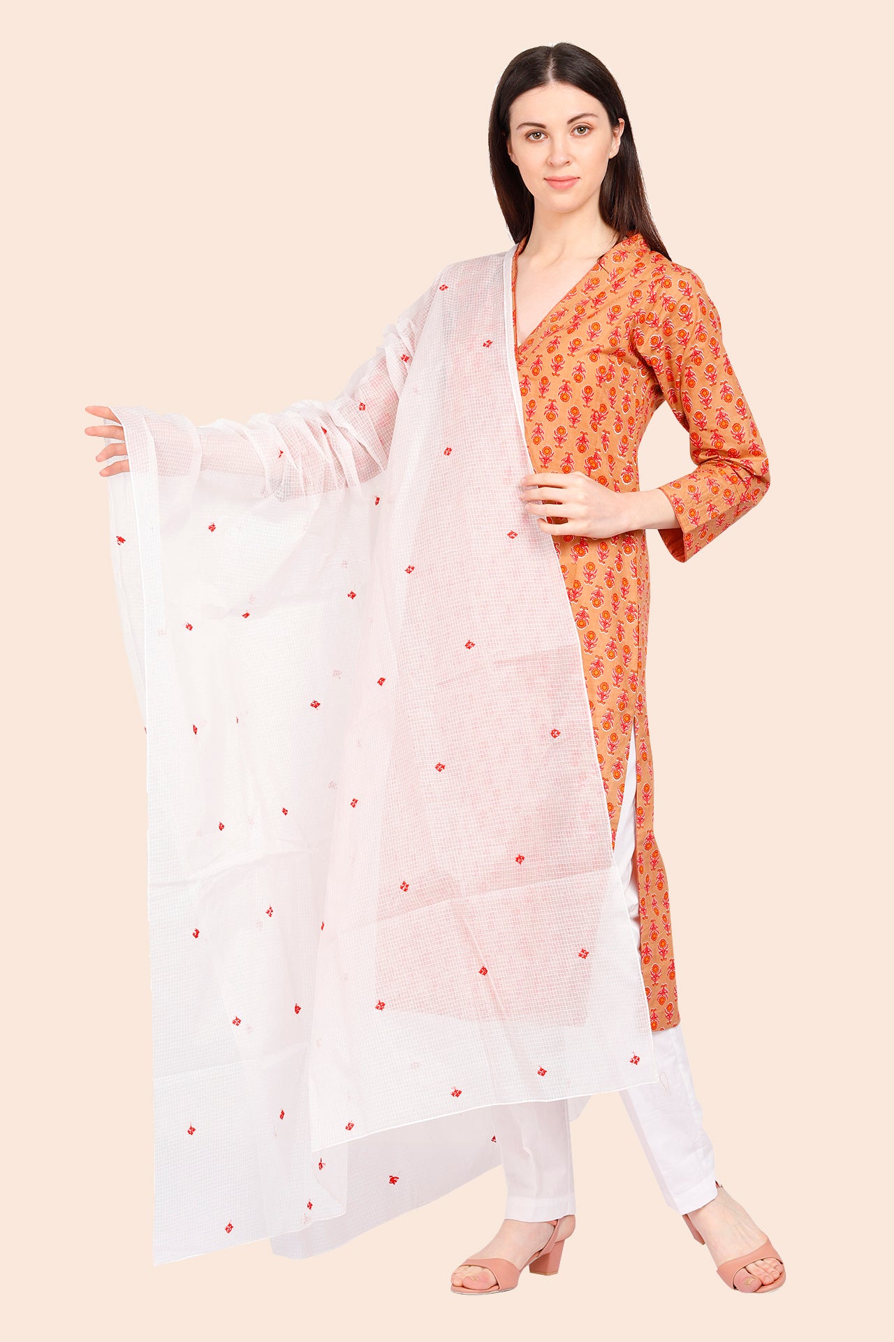 Amodini Kota Cotton White and Orange Dupatta