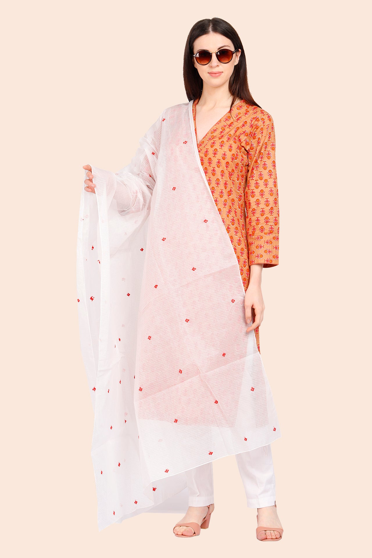 Amodini Kota Cotton White and Orange Dupatta