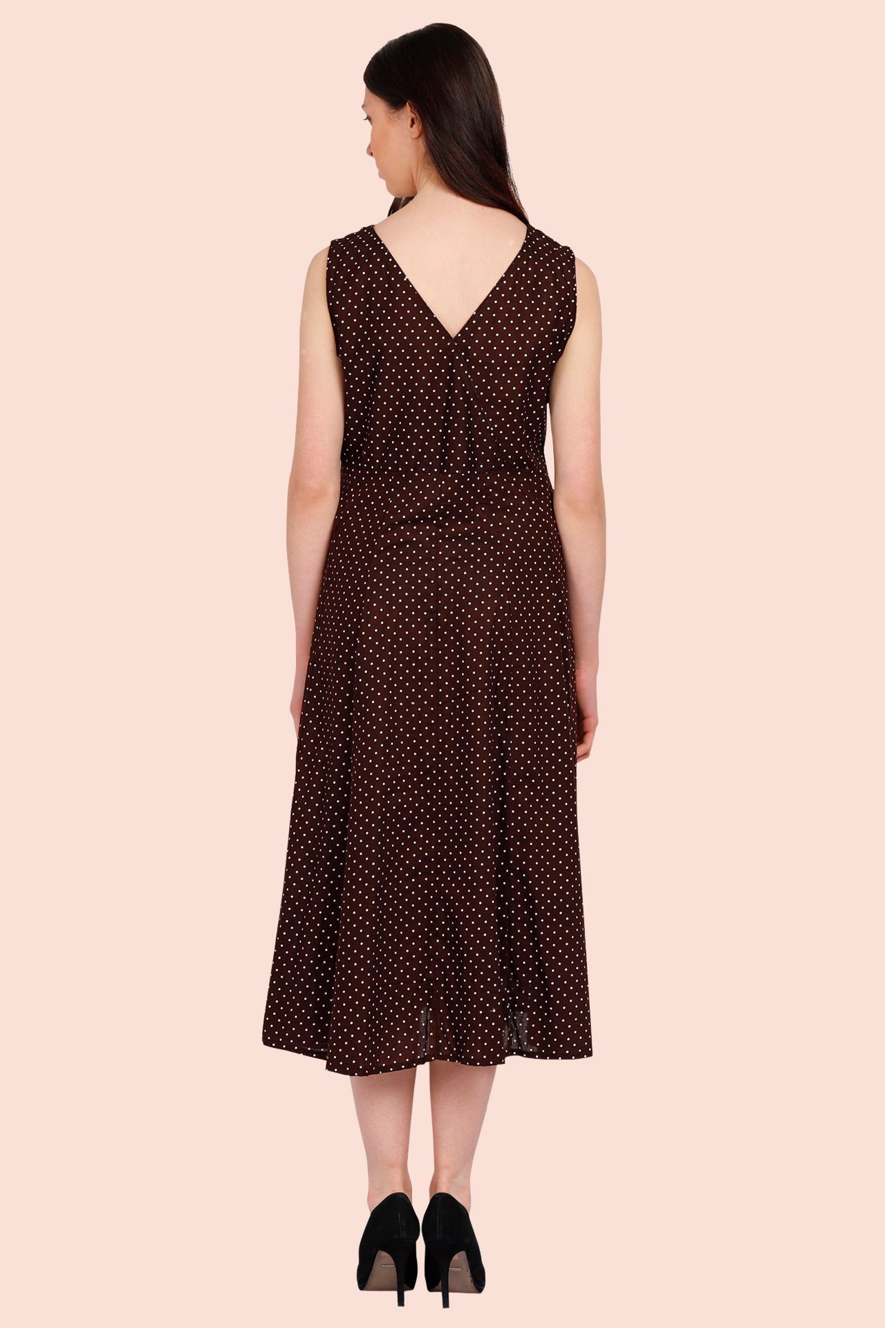 AMODINI COTTON A LINE BROWN POLKA DOT DRESS