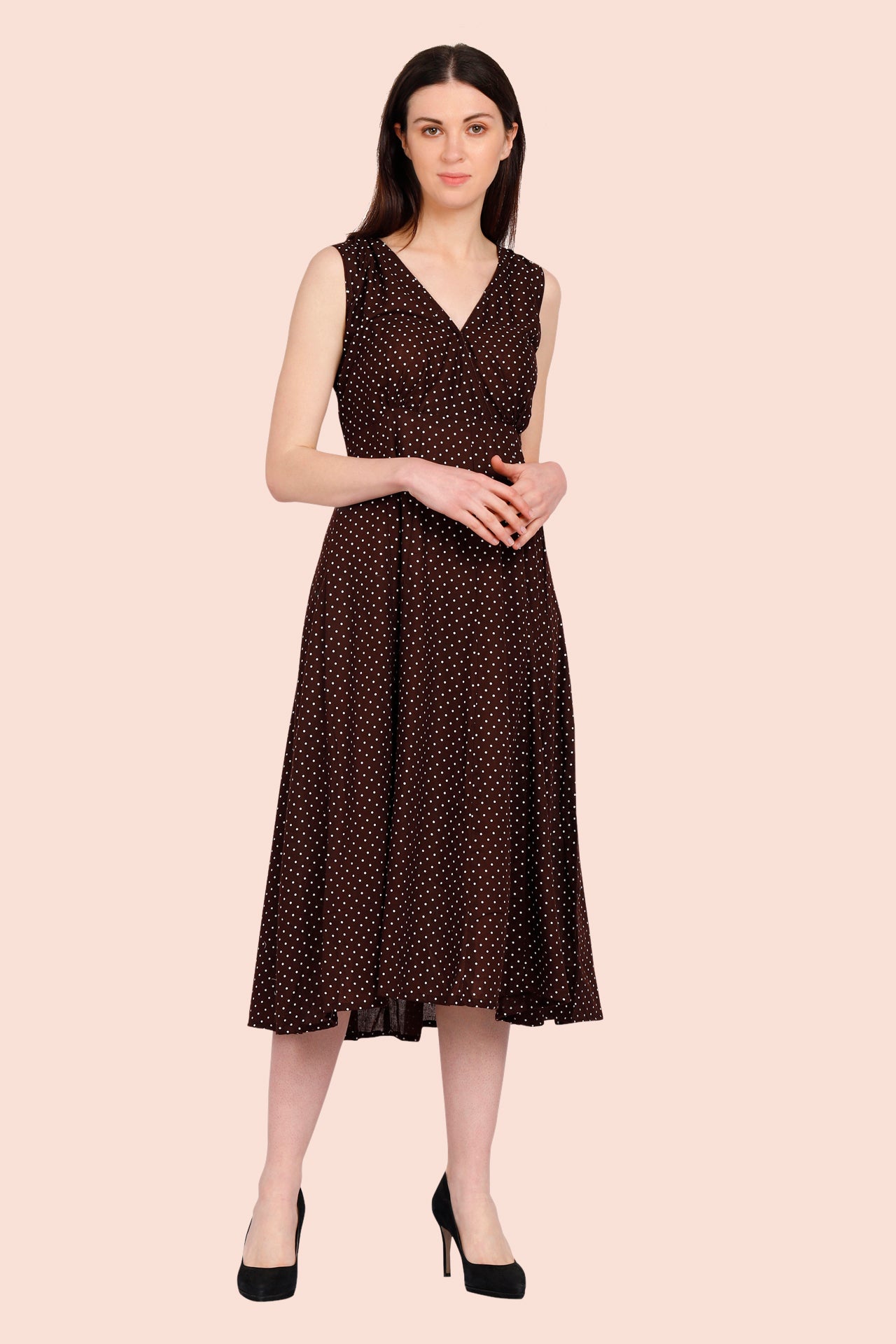 AMODINI COTTON A LINE BROWN POLKA DOT DRESS