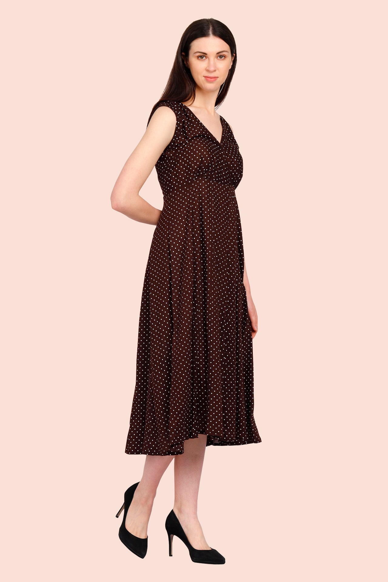 AMODINI COTTON A LINE BROWN POLKA DOT DRESS