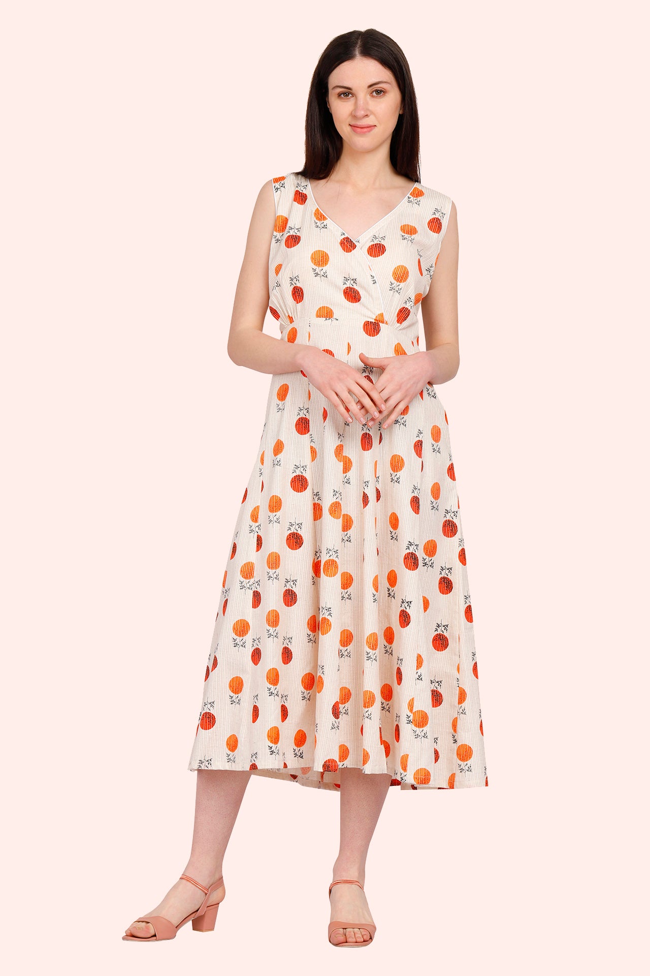 AMODINI COTTON WHITE AND ORANGE POLKA DOT A -LINE DRESS